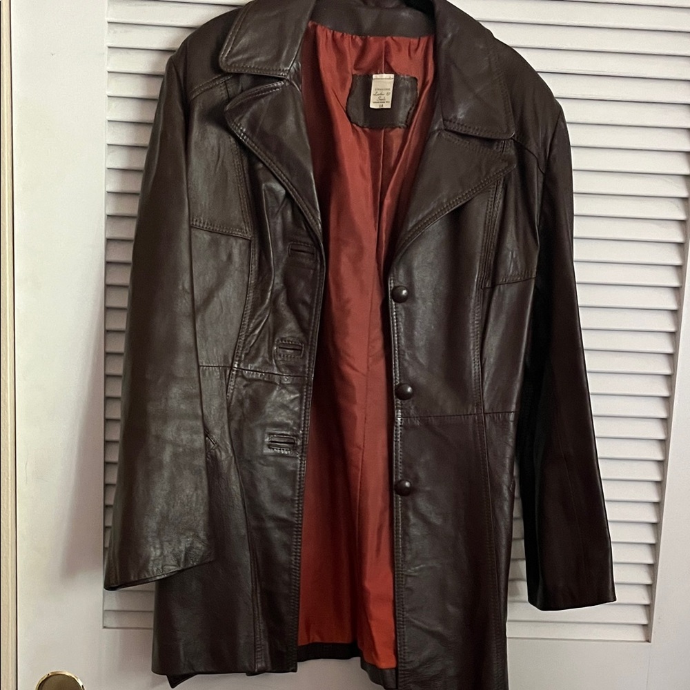 Vintage Dark Brown Leather Coat with Rust Satin Lining